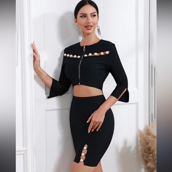 Pearl Black cutout Bodycon Skirt Top Matching Set Women’s Size Small Like New - Picture 1 of 16